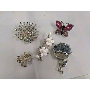 Vintage 1930’s - 1950s Lot Rhinestone Pearl Brooches Pins Silver Tone Estate